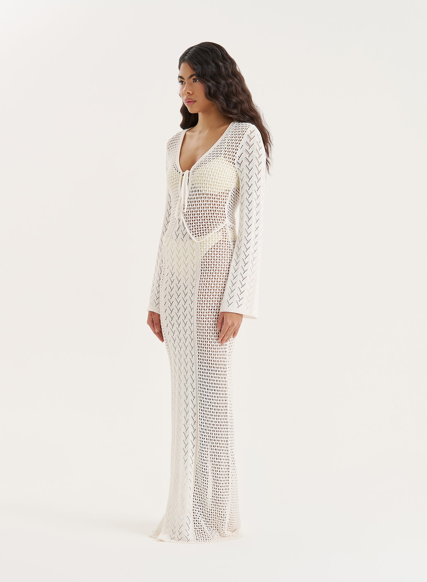 Cream Knit Panelled Crochet Maxi Dress